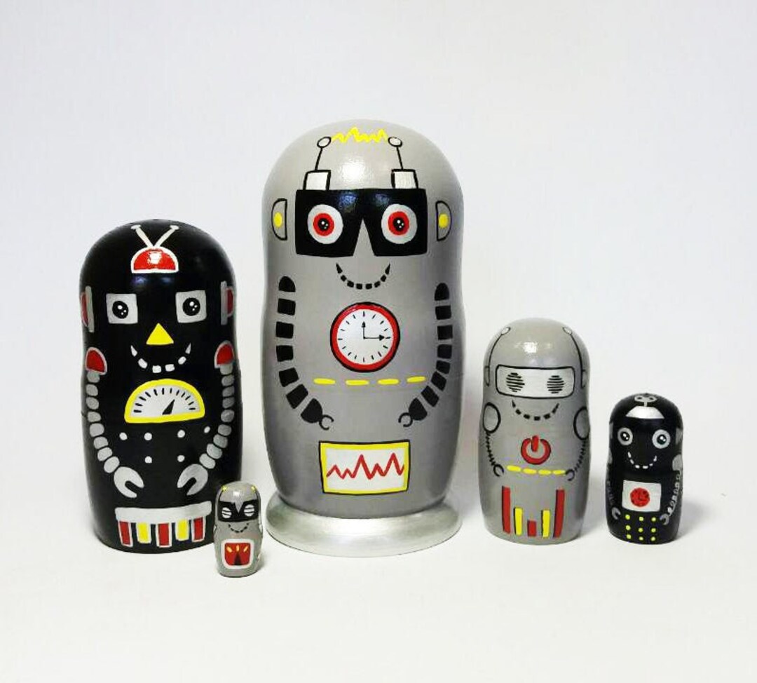 Robots Nesting Doll Wooden Toy Boys Room Decor Stacking Dolls Etsy