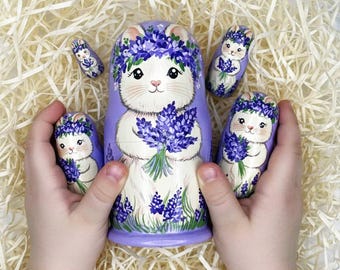 Bunny Nesting Dolls, Hand Painted Matryoshka Set with Lavender, Summer Nursery Decor