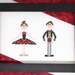 Padrão de ponto cruz de dançarino de casal espanhol: tutu com detalhes dourados, tamanho mini fofo, fantasia de dança, kitri e basílio don quixote pas de deux