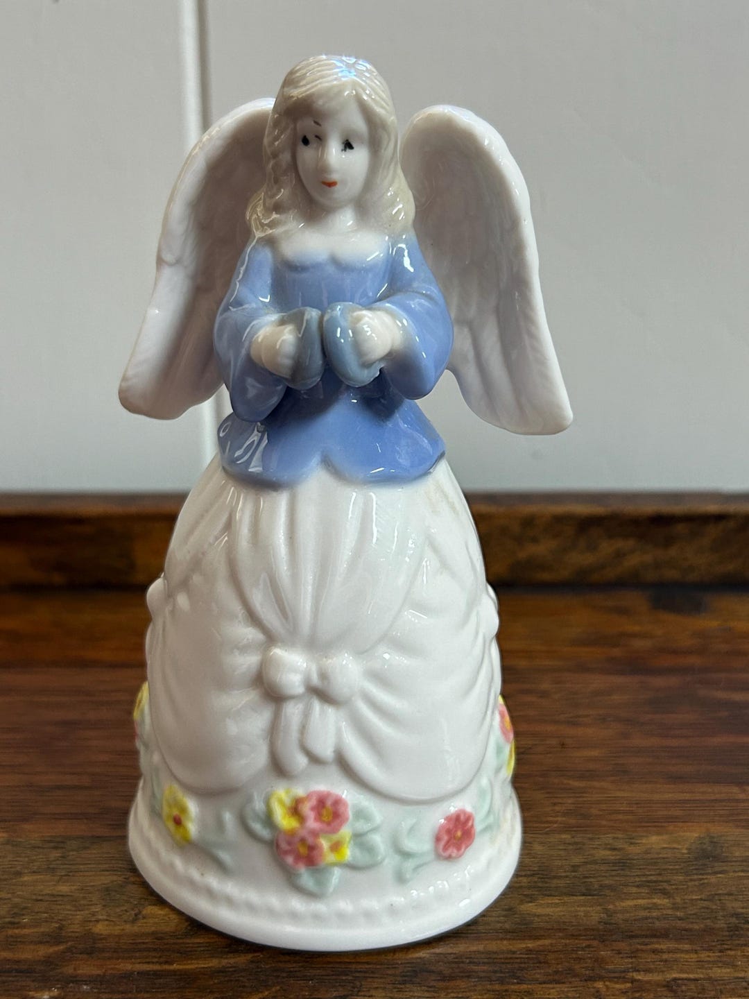 Vintage Porcelain Angel Bell, Blue and White Choir Robe, Floral Skirt ...