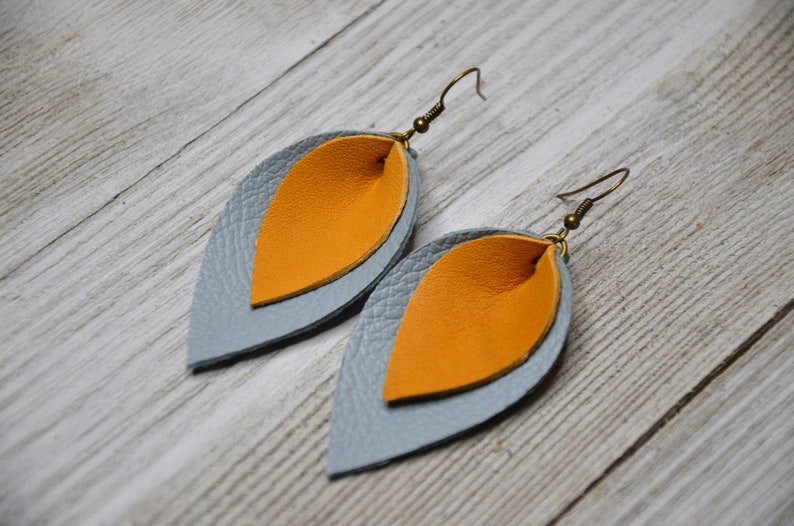 Handmade lightweight gray mustard real leather statement earrings