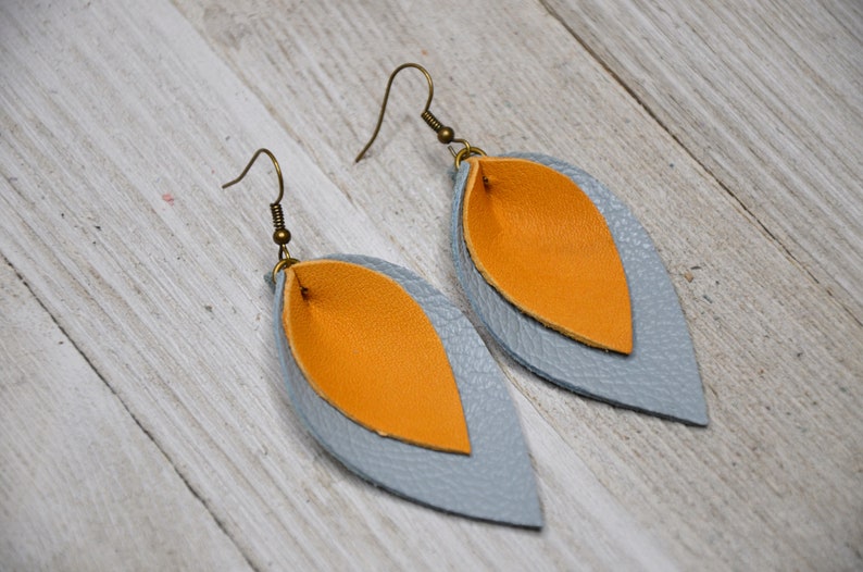 Handmade lightweight gray mustard real leather statement earrings