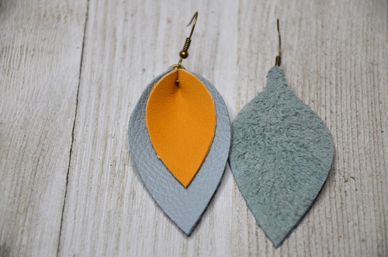 Handmade lightweight gray mustard real leather statement earrings