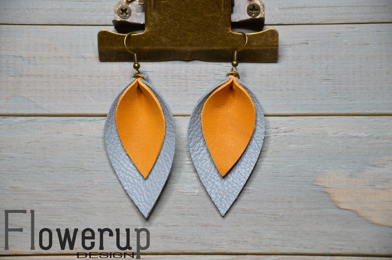 Handmade lightweight gray mustard real leather statement earrings