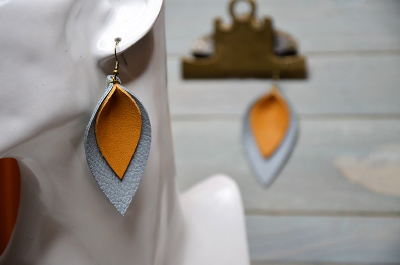 Handmade lightweight gray mustard real leather statement earrings
