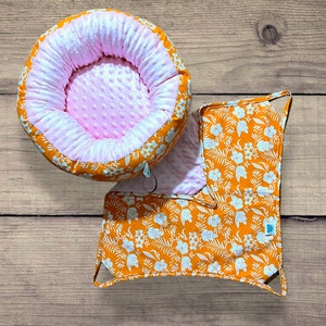 Ready to ship Round ferret bed and hammock set, orange tropical print with pink image 1