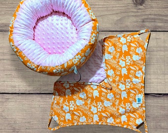 Ready to ship! Round ferret bed and hammock set, orange tropical print with pink