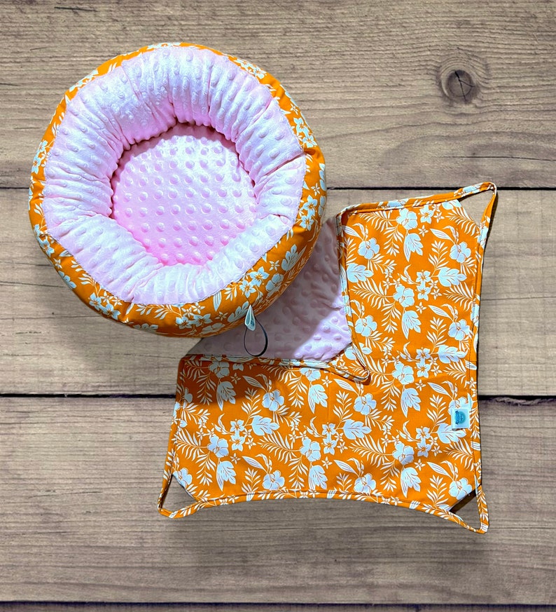 Ready to ship Round ferret bed and hammock set, orange tropical print with pink image 1
