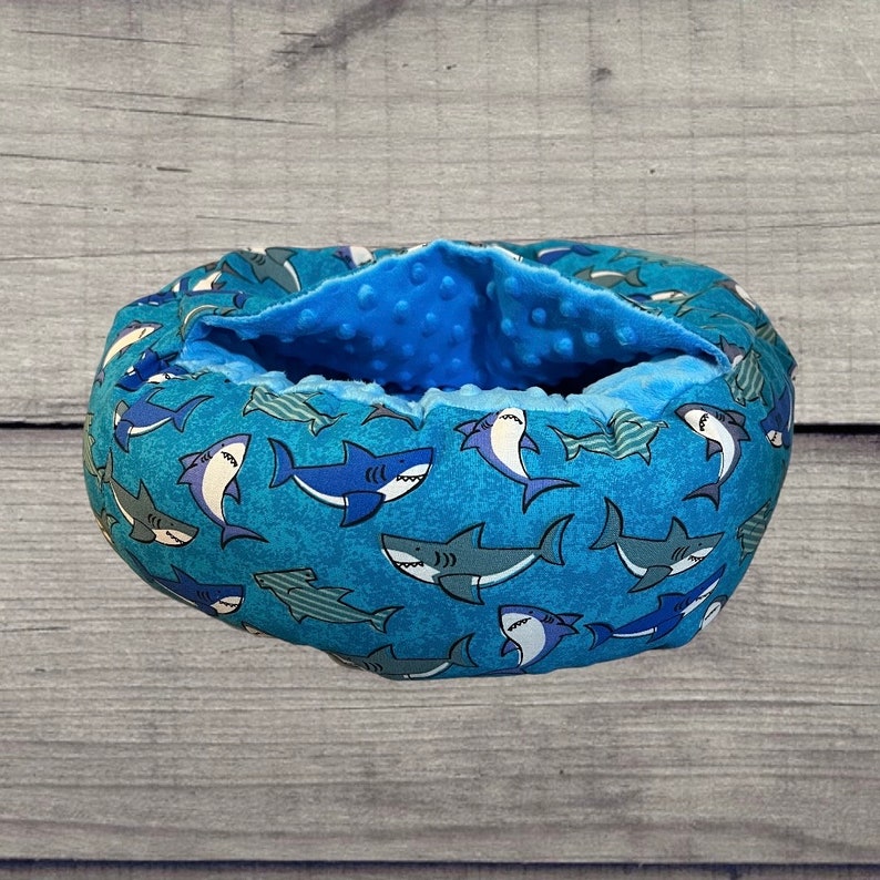 Ready to ship Round ferret bed with cover, shark print, blue minky inside image 2