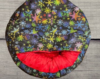 Ready to ship! Round ferret bed with cover, Christmas snowflake print on black, red minky inside