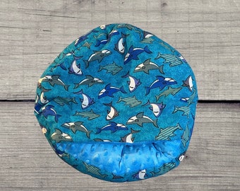 Ready to ship! Round ferret bed with cover, shark print, blue minky inside