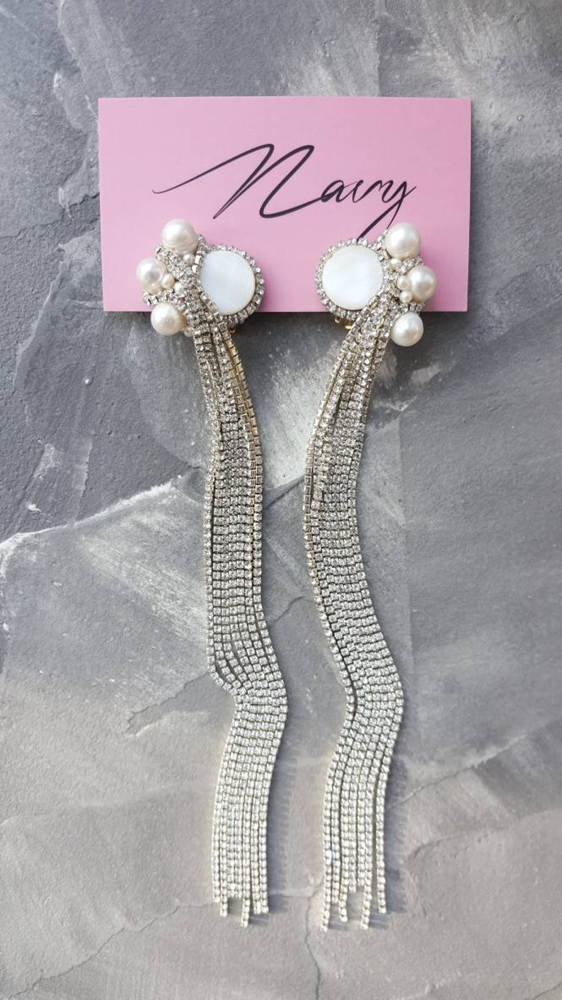 Rhinestone Chain Drop Earrings Freshwater Pearl Cluster Etsy