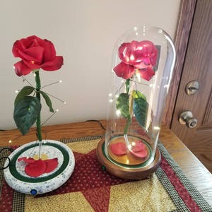 May include: Two glass domes with red roses inside. The roses are lit with white fairy lights. The domes are on a wooden table with a checkered tablecloth.