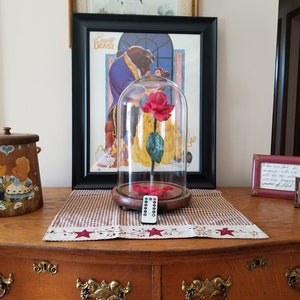 Op de afbeelding: Een glazen stolp met een rode roos erin, die op een houten voet staat met een afstandsbediening. De stolp staat op een tafel met een rood-wit geruit tafelkleed. Achter de stolp hangt een ingelijst beeld van Belle en het Beest uit de film Belle en het Beest. Op de tafel staat ook een klein ingelijst beeld met een citaat over liefde.