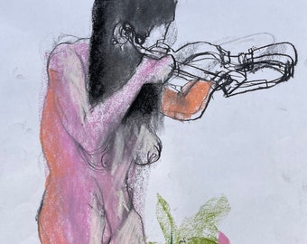 0669 Original pastel drawing: woman with violin