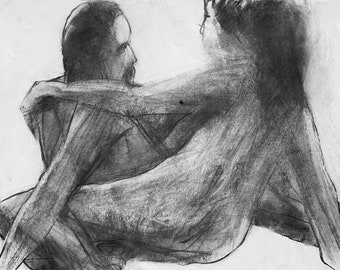 0113 Original pen and charcoal art Nude couple