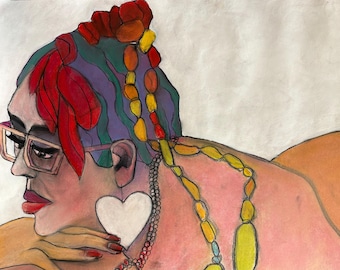 May include: A colorful portrait painting of a person with red, purple, and green hair. The person is wearing a necklace with yellow and blue beads. The person has a white heart-shaped earring and is looking to the left.