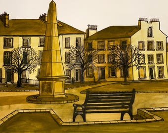 May include: Watercolor painting of a town square with buildings, trees, a monument, and a bench. The buildings are yellow with brown roofs and windows. The monument is tall and gold. The bench is black. The trees are bare.