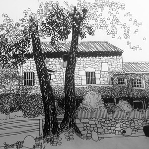 May include: A black and white line drawing of a stone house with a large tree in front. The house has a roof, windows, and a door. The tree has branches and leaves. The drawing is done in a realistic style.