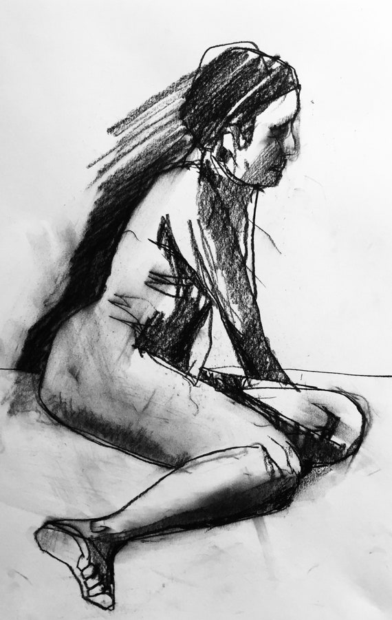 Original Dessin Au Fusain Femme Nue 2603