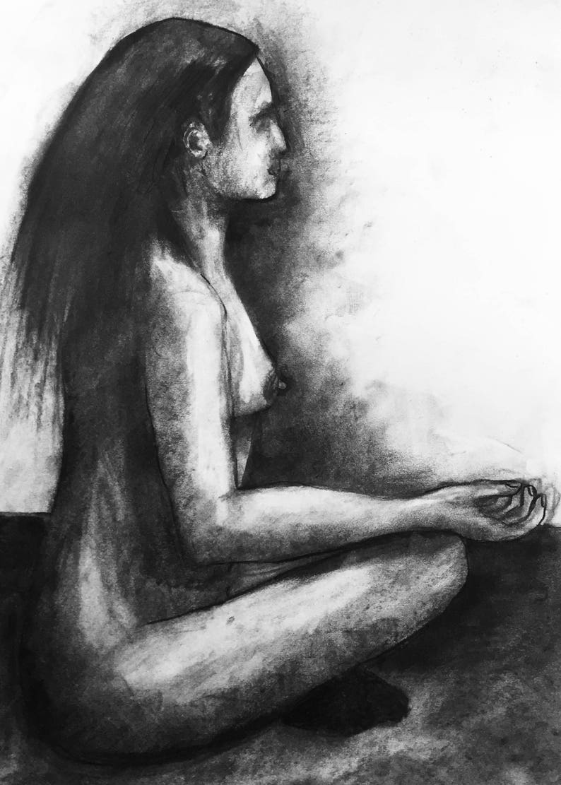 2059 Original charcoal drawing female meditating nude.