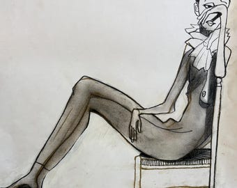 9183 Original drawing of a slim female model. Black pastel