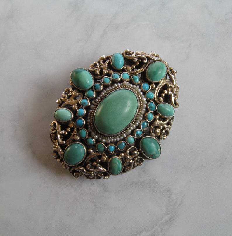 Antique Austro Hungarian Turquoise Brooch Seed Pearl - Etsy