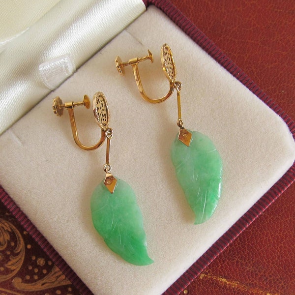 Boucles d’oreilles en jade sculpté en or 14K - Boucles d’oreilles chinoises vintage - Art Déco