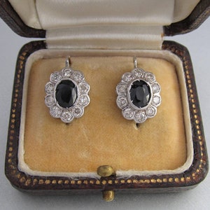 Classic Natural Sapphire and Diamond Cluster Earrings - 14K White Gold - Vintage Antique Style - Nice -  Dark Blue Sapphire