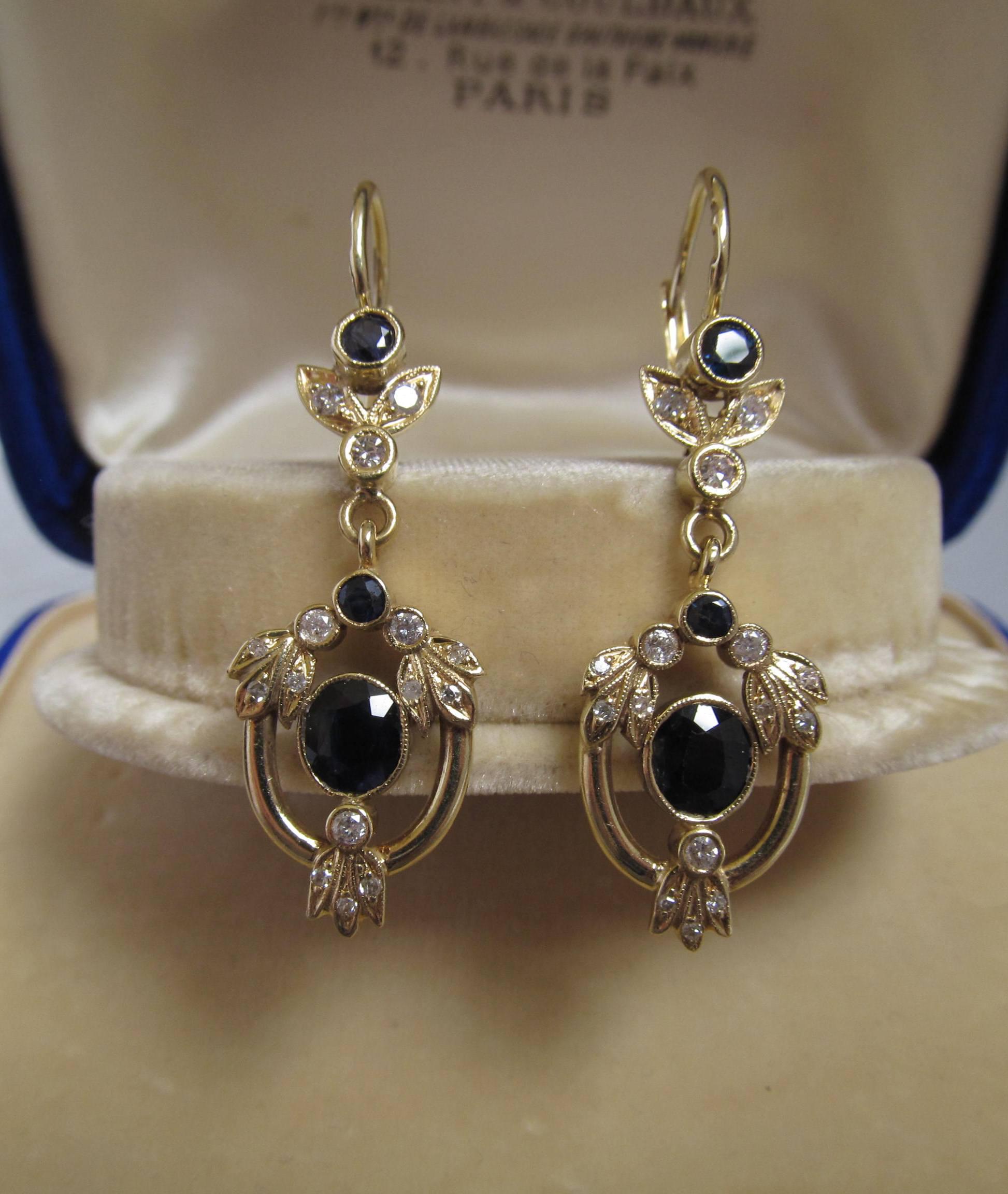 Boucles D'oreilles Pendantes En Or Jaune 14k Avec Saphir Et Diamants - Style Ancien, Neuves