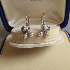 Art Nouveau Style Diamond Gold and Silver Earrings - Antique Austro Hungarian - Old Cut - 14K Gold – Leverback