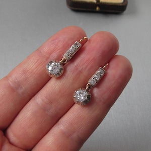 Orecchini pendenti antichi in oro 14K con diamanti - Chiusura a leva - Oro bianco e giallo - Diamante taglio antico europeo
