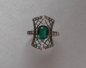 Art Deco Emerald Diamond Ring - 14K Gold and Silver
