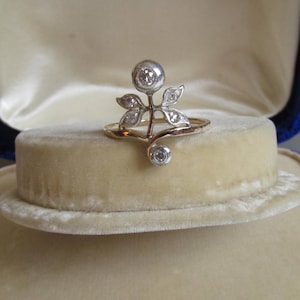 Art Nouveau Style Diamond Ring - 14K Yellow Gold and Silver