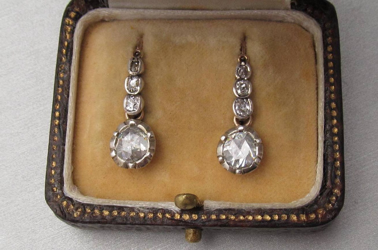 Antique Rose Cut Diamond Earrings 14K Yellow and White Gold