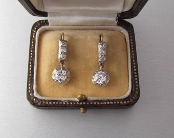 Antique 14K Gold Drop Earrings with Diamonds - Lever Back - White and Yellow Gold - Old European Cut Diamond