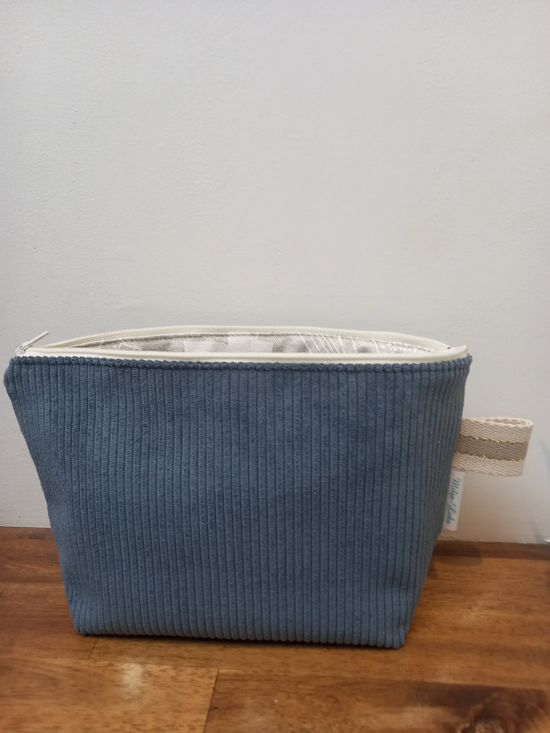 Pretty Toiletry Bag in Denim Blue Corduroy and Coated Canvas. Milia