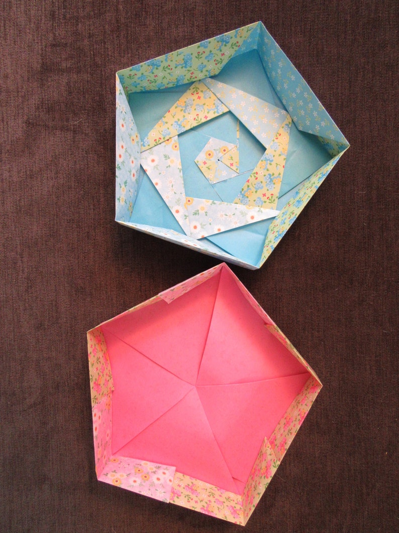 Origami gift box with lid hand folded 5-sided box with floral patterned paper and geometric folding pattern