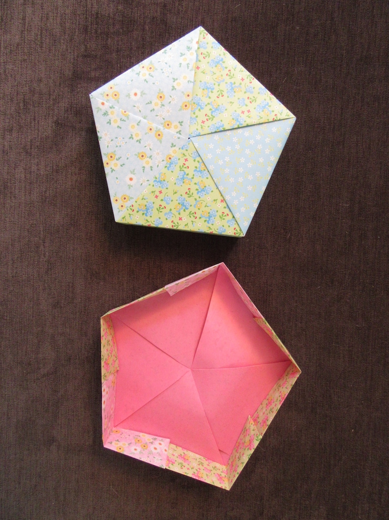 Origami gift box with lid hand folded 5-sided box with floral patterned paper and geometric folding pattern