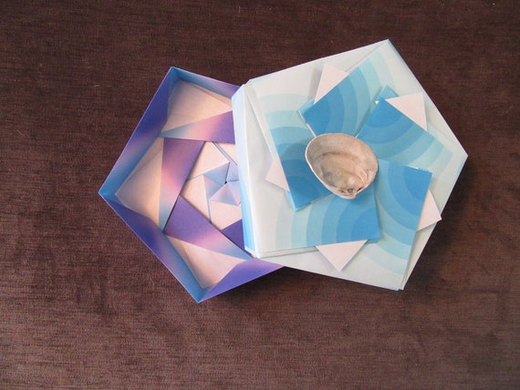 Origami Gift Box With Lid Hand Folded 5 Sided Blue And Purple Box With Geometric Pattern