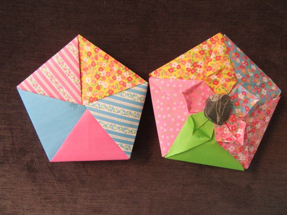 Origami Gift Box With Lid Hand Folded 5 Sided Box With Pastel Patterned Paper And Geometric Folding Pattern