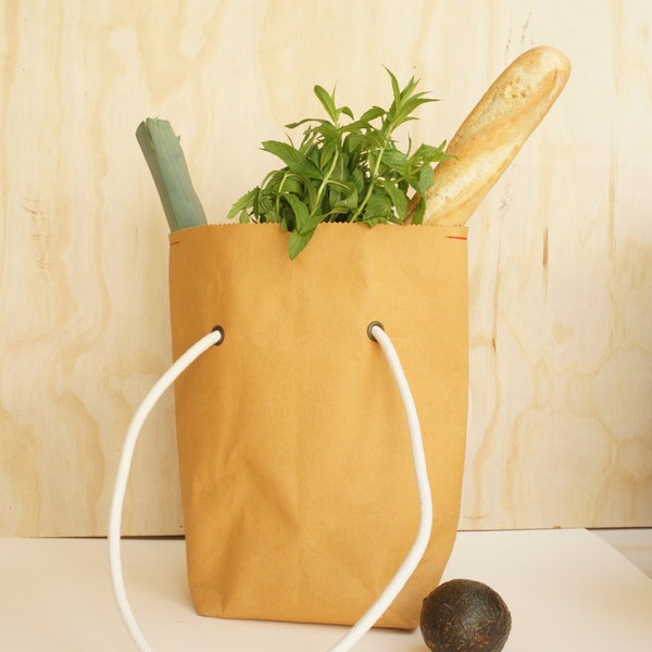 Einkaufstasche aus waschbarem und wiederverwendbarem braunem Kraftpapier, Vegan Ledertasche für Picknick und Lebensmittelgeschäft,