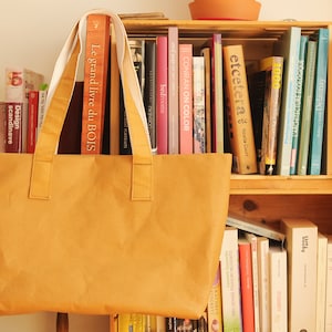 Tote bag made from washable & reusable brown kraft paper, Vegan Leather Brown bag for school and work