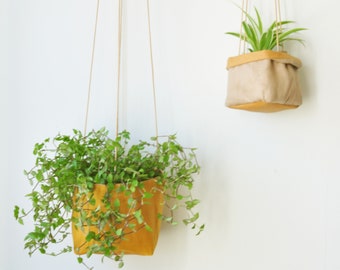 Planter, hanging paper planter made from washable reusable paper and Linen in yellow and pink beige. Vegan Leather planter for living room
