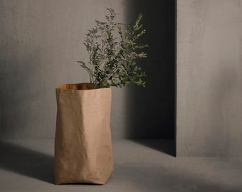 Rustic Natural style Linen storage bag made from washable and reusable paper + natural Linen. Vegan Leather bag as storage