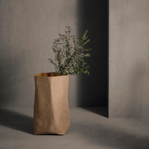 Rustic Natural style Linen storage bag made from washable and reusable paper + natural Linen. Vegan Leather bag as storage