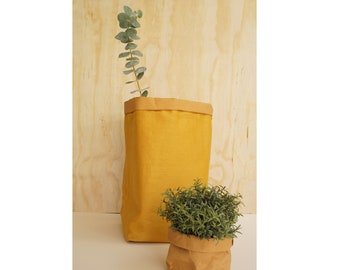 Rustic Natural style Linen storage bag made from washable and reusable paper + natural Linen. Vegan Leather bag as storage