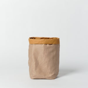 Rustic Natural style Linen storage bag made from washable and reusable paper natural Linen. Vegan Leather bag as storage image 2