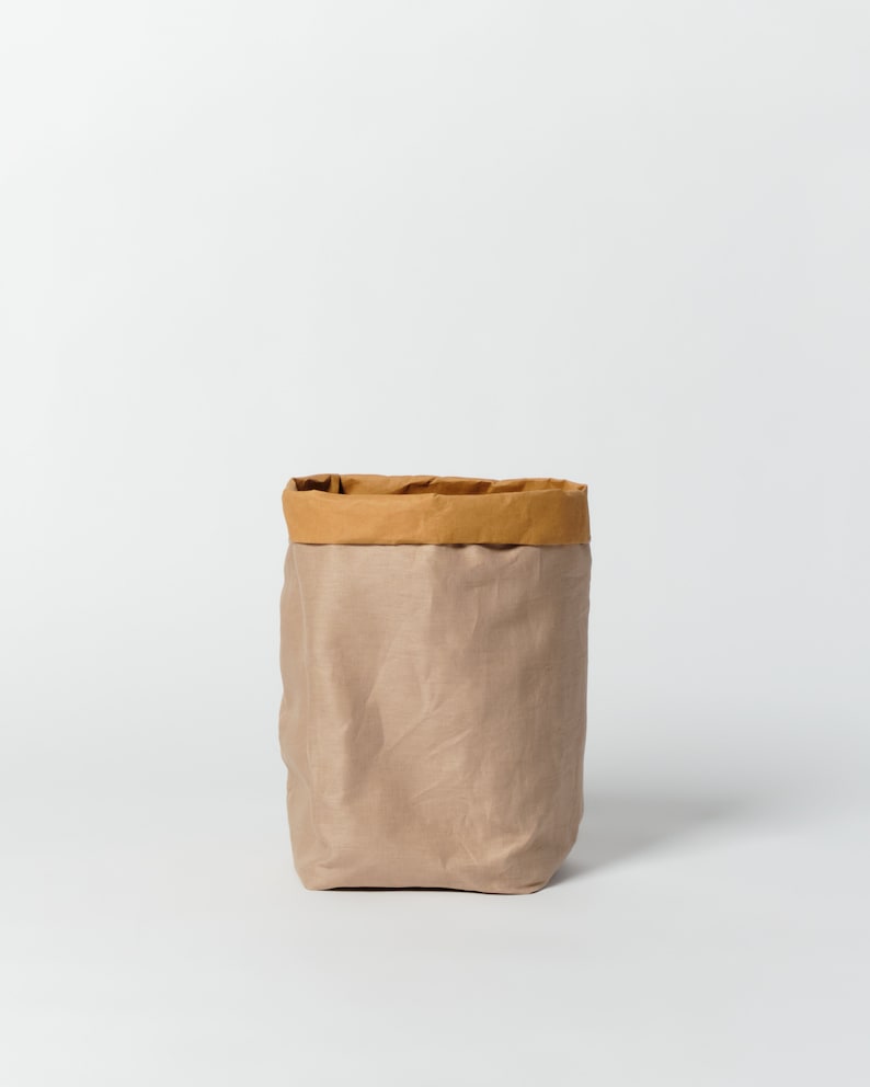 Rustic Natural style Linen storage bag made from washable and reusable paper natural Linen. Vegan Leather bag as storage image 2