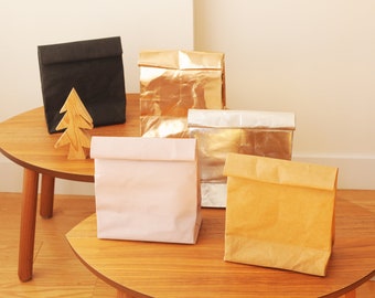 Lunch bags made from washable and reusable paper in BLACK, PINK, BROWN.. Vegan Leather bags as Storage and lunch bag